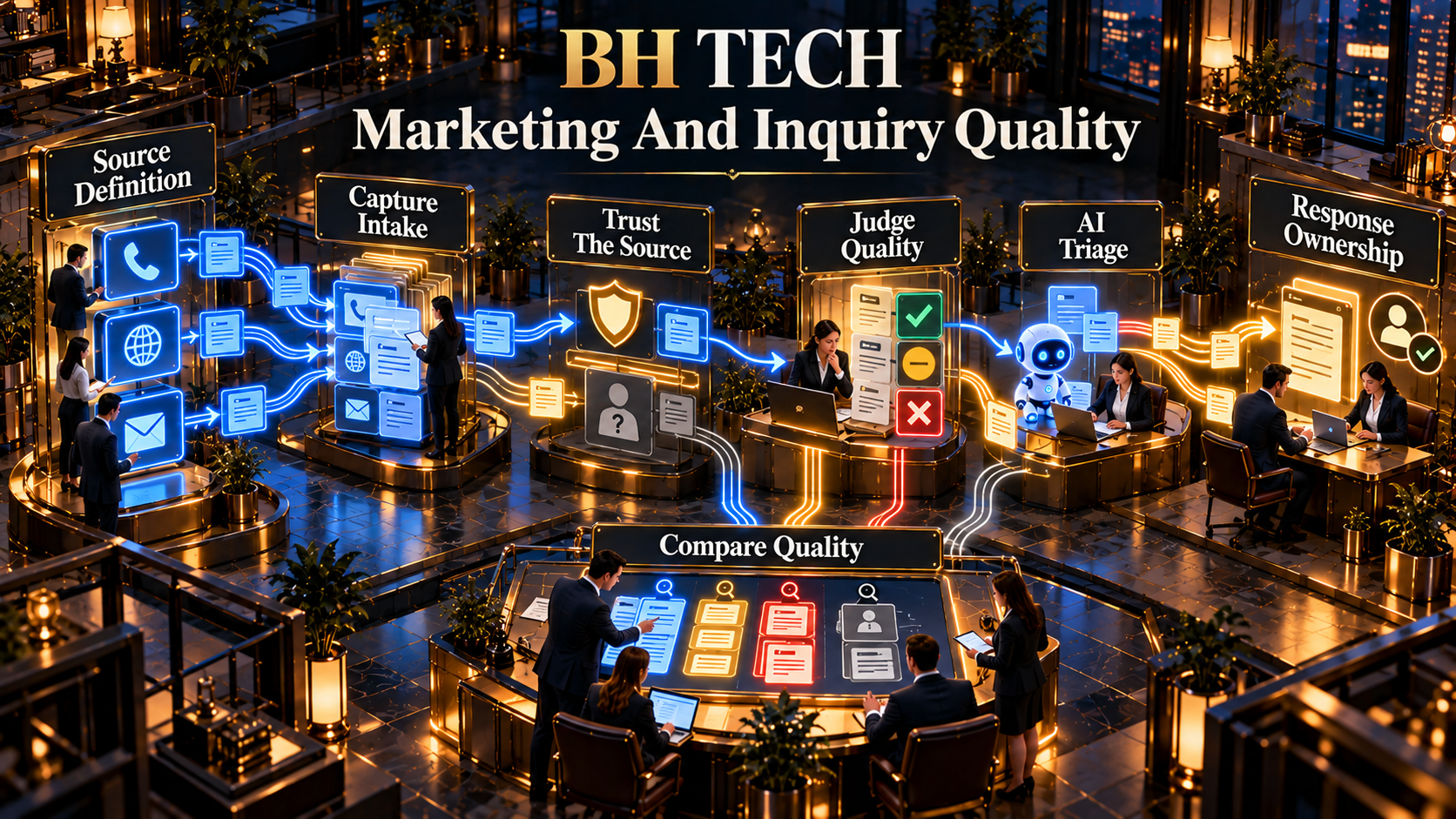Marketing And Inquiry Quality: Source Definition, Capture Intake, Trust The Source, Judge Quality, AI Triage, Response Ownership, Compare Quality.