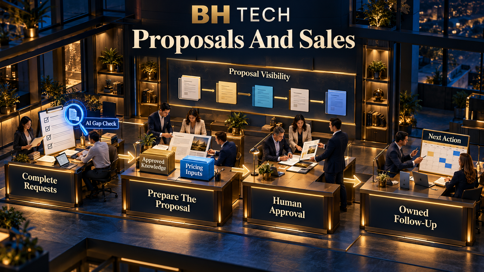A proposal studio connects complete requests and an AI gap check to proposal preparation, pricing inputs, approved knowledge, human approval and owned follow-up.