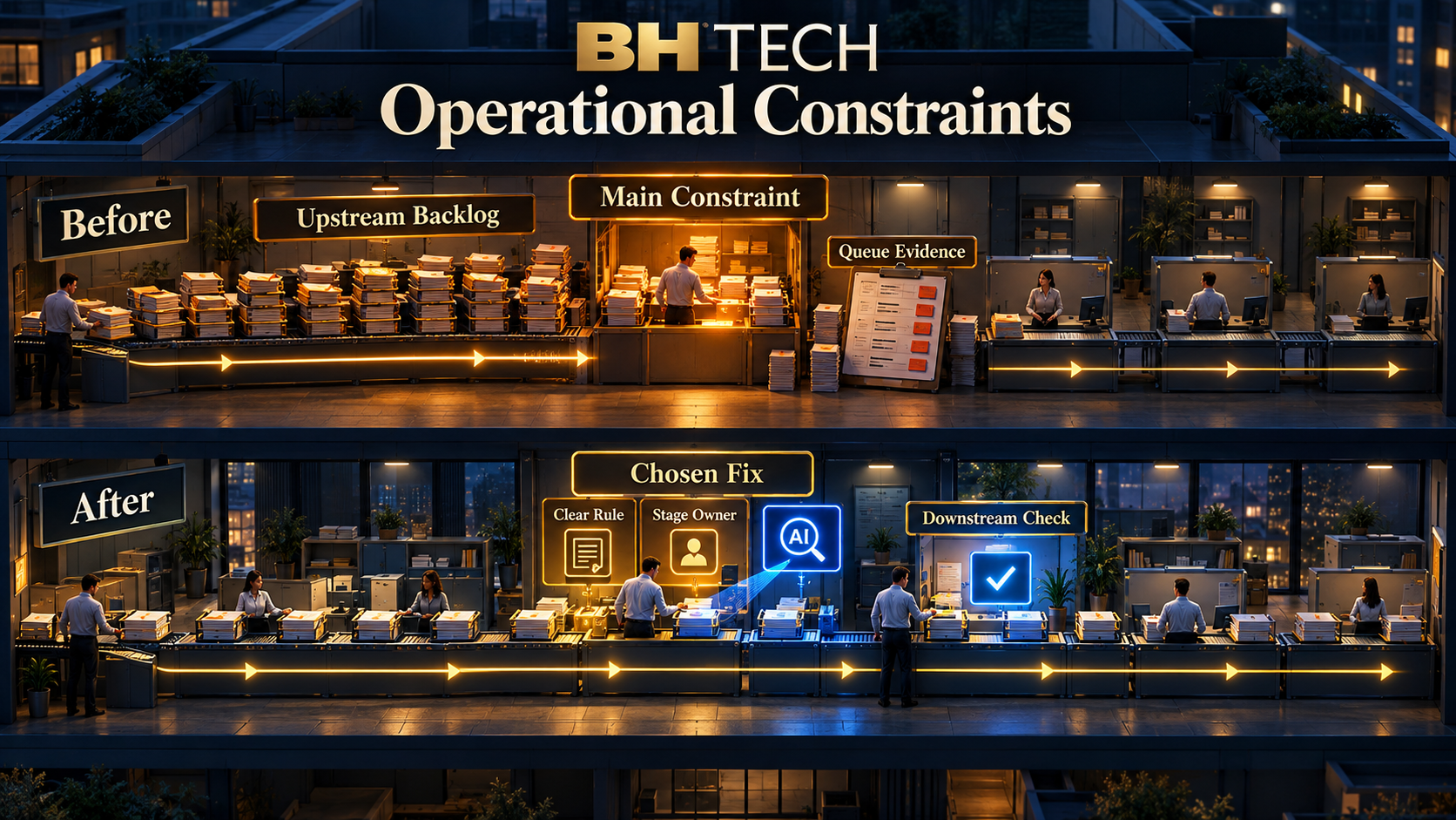 Two-level cutaway of one work line: before, a backlog piles up in front of an overloaded main constraint with queue evidence beside it; after, a clear rule, a stage owner and an AI check balance the flow, and a downstream check confirms the next stage keeps pace.